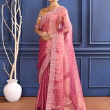 Raspberry Pink Embroidered Tissue Saree