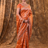Shiny Orange Floral Banarasi Silk Saree