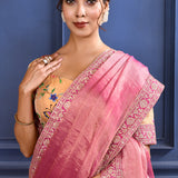 Raspberry Pink Embroidered Tissue Saree