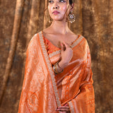 Shiny Orange Floral Banarasi Silk Saree