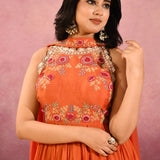 Orange Embroidered Georgette Anarkali Set