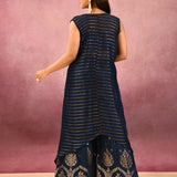 Navy Blue Striped Butti Georgette Indo Western Set