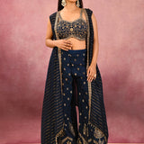 Navy Blue Striped Butti Georgette Indo Western Set
