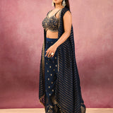 Navy Blue Striped Butti Georgette Indo Western Set
