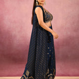Navy Blue Striped Butti Georgette Indo Western Set