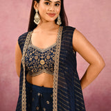Navy Blue Striped Butti Georgette Indo Western Set