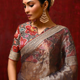 Golden Brown Tissue Foil Printed Saree