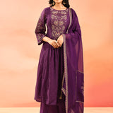 Purple Embroidered Cotton Anarkali Set