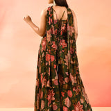 Olive Green Printed Indo Western Set