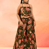 Olive Green Printed Indo Western Set