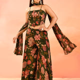 Olive Green Printed Indo Western Set