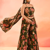 Olive Green Printed Indo Western Set