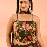 Olive Green Printed Indo Western Set
