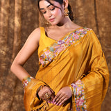 Golden Yellow Embroidered Silk Blend Saree