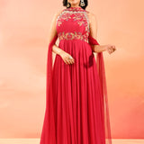 Bright Pink Woven And Embroidery Anarkali Set