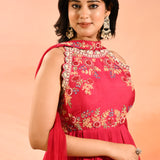 Bright Pink Woven And Embroidery Anarkali Set