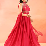 Bright Pink Woven And Embroidery Anarkali Set