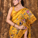 Golden Yellow Floral Tissue Silk Saree