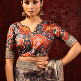 Shiny Dark Brown Tissue Foil Printed Saree