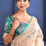 Pastel Beige Embroidered Tissue Saree