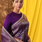 Dark Purple Floral Banarasi Silk Saree