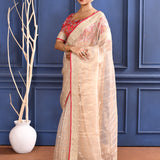 Pale Cream Embroidered Tissue Saree