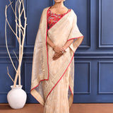 Pale Cream Embroidered Tissue Saree
