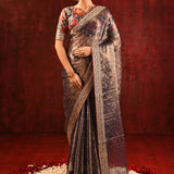 Shiny Dark Brown Tissue Foil Printed Saree