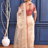 Pale Cream Embroidered Tissue Saree