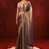 Shiny Dark Brown Tissue Foil Printed Saree