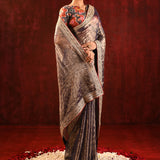Shiny Dark Brown Tissue Foil Printed Saree