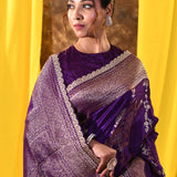 Classic Violet Floral Banarasi Silk Saree