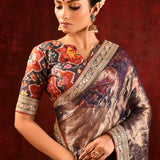 Shiny Dark Brown Tissue Foil Printed Saree