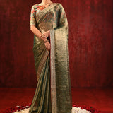 Moss Green Tissue Foil Printed Saree