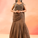Chocolate Brown Embroidery Crop Top Set
