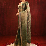 Moss Green Tissue Foil Printed Saree