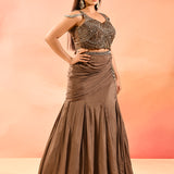 Chocolate Brown Embroidery Crop Top Set
