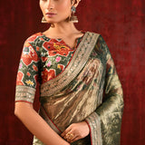 Moss Green Tissue Foil Printed Saree