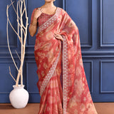 Muted Pink Floral Printed Tissue Saree