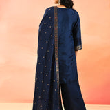 Navy Blue Geometric Animal Motif Silk Blend Straight Cut Set