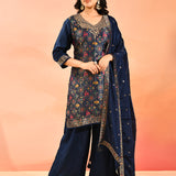 Navy Blue Geometric Animal Motif Silk Blend Straight Cut Set