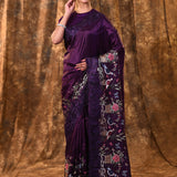 Dark Purple Embroidered Satin Silk Saree