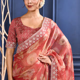 Muted Pink Floral Printed Tissue Saree