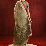 Moss Green Tissue Foil Printed Saree