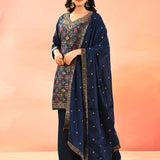 Navy Blue Geometric Animal Motif Silk Blend Straight Cut Set