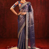 Metallic Blue Tissue Foil Printed Saree