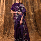 Dark Purple Embroidered Satin Silk Saree