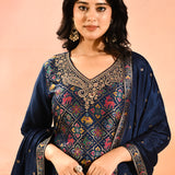Navy Blue Geometric Animal Motif Silk Blend Straight Cut Set