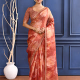 Pinkish Orange Floral Printed Tissue Saree