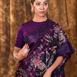 Dark Purple Embroidered Satin Silk Saree